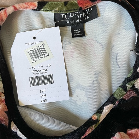 Topshop Velvet Flippy Dress Black Floral Dress Frill Neck Tie Wrist Long Sleeve - Picture 9 of 12